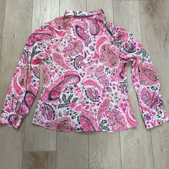 Zara Pink Paisley Print Satin Button Front Collared Shirt, sz L - Picture 3 of 13